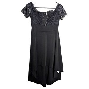 Black Lace Up Dress Off-Shoulder Grommet Med Gothic Dark Romantic Whimsigoth EUC